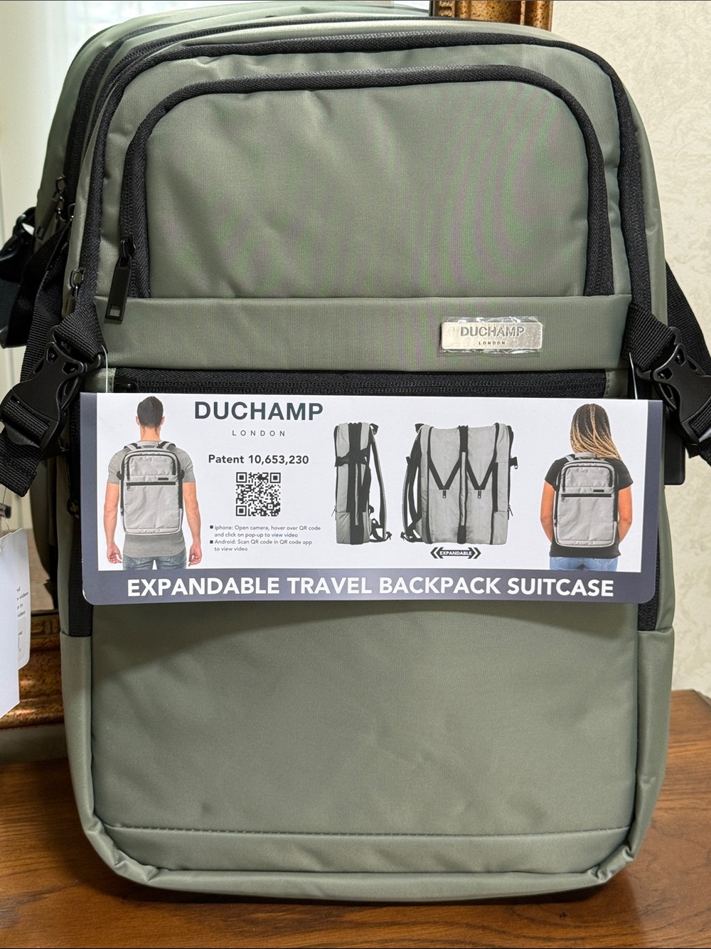 Duchamp Olive Green Expandable Travel Backpack/Suitcase w/ laptop pocket & USB.
